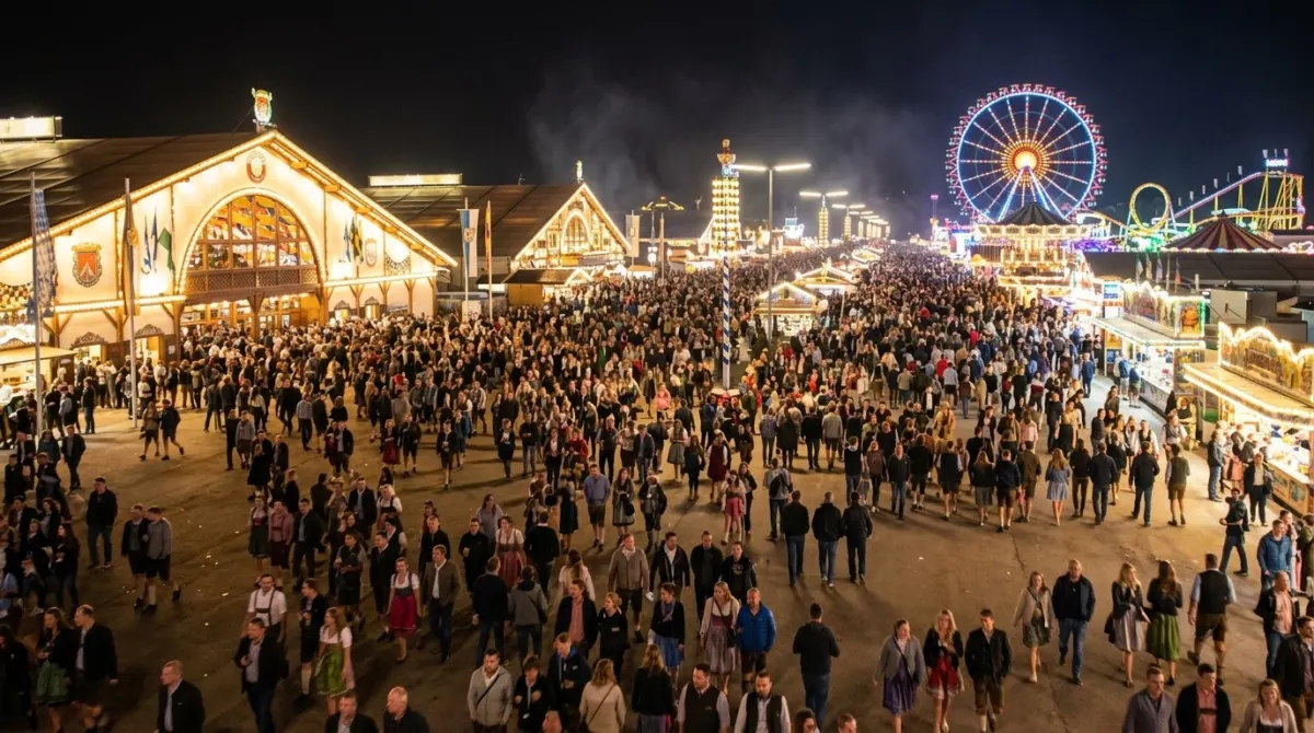 Crowds walking out from lit beer tents and fairground rides across a wide festival ground at night, Theresienwiese, Germany