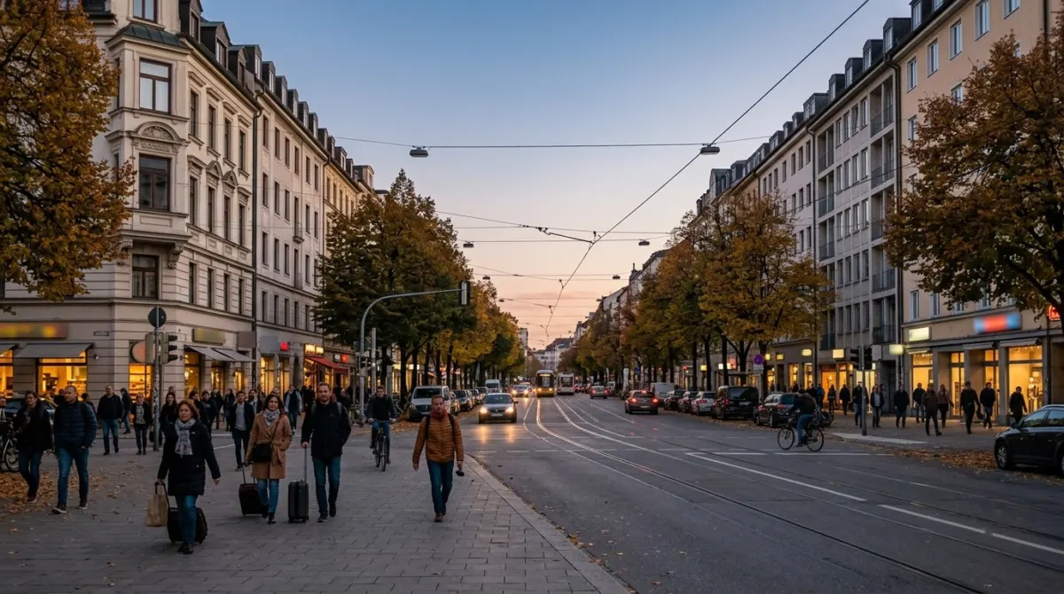 A wide city street of mid-rise buildings leading south from the main station on an autumn evening, Ludwigsvorstadt, Germany