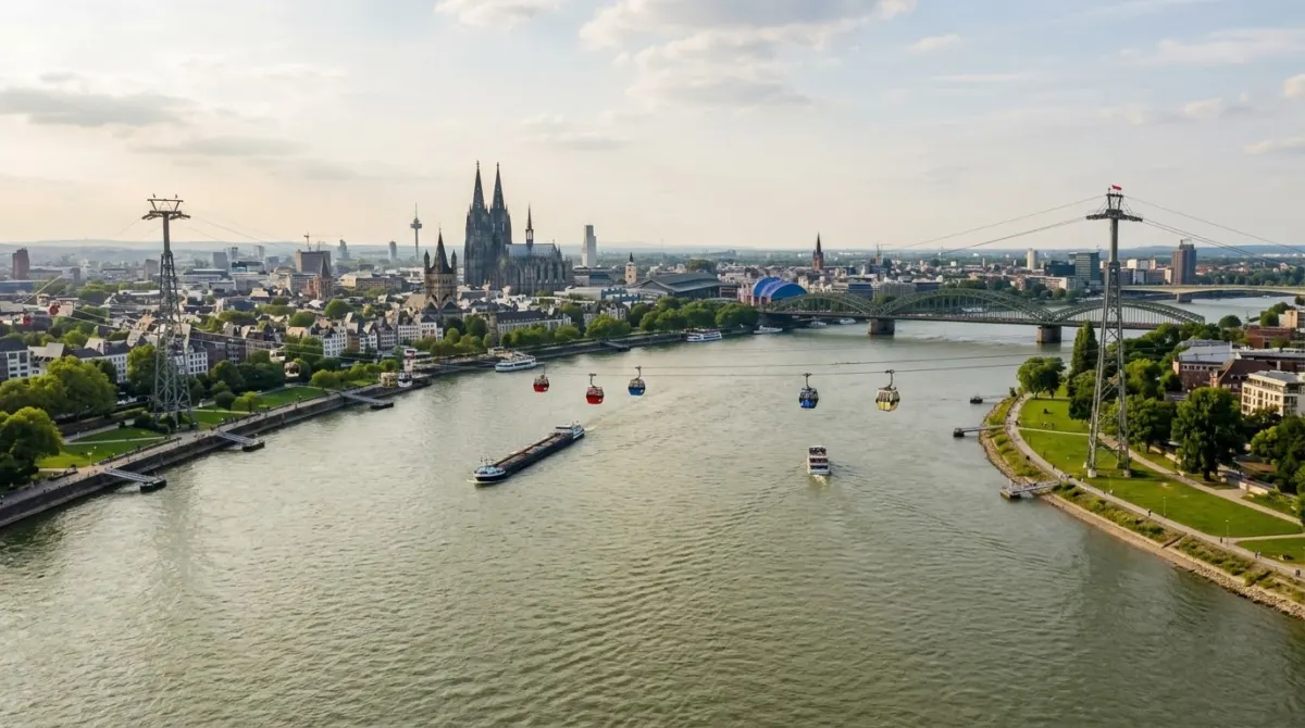 Small cable car cabins crossing high above a wide river with the city skyline behind, Rhine, Cologne, Germany