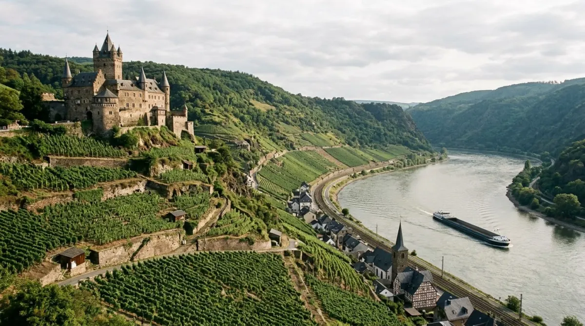 A castle on a steep vineyard slope above a wide river bend with a passing barge, Rhine Gorge, Germany