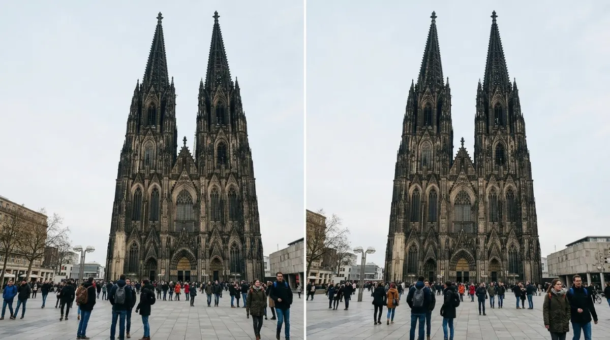The twin gothic spires of a vast dark stone cathedral rising above the square under a pale sky, Cologne, Germany