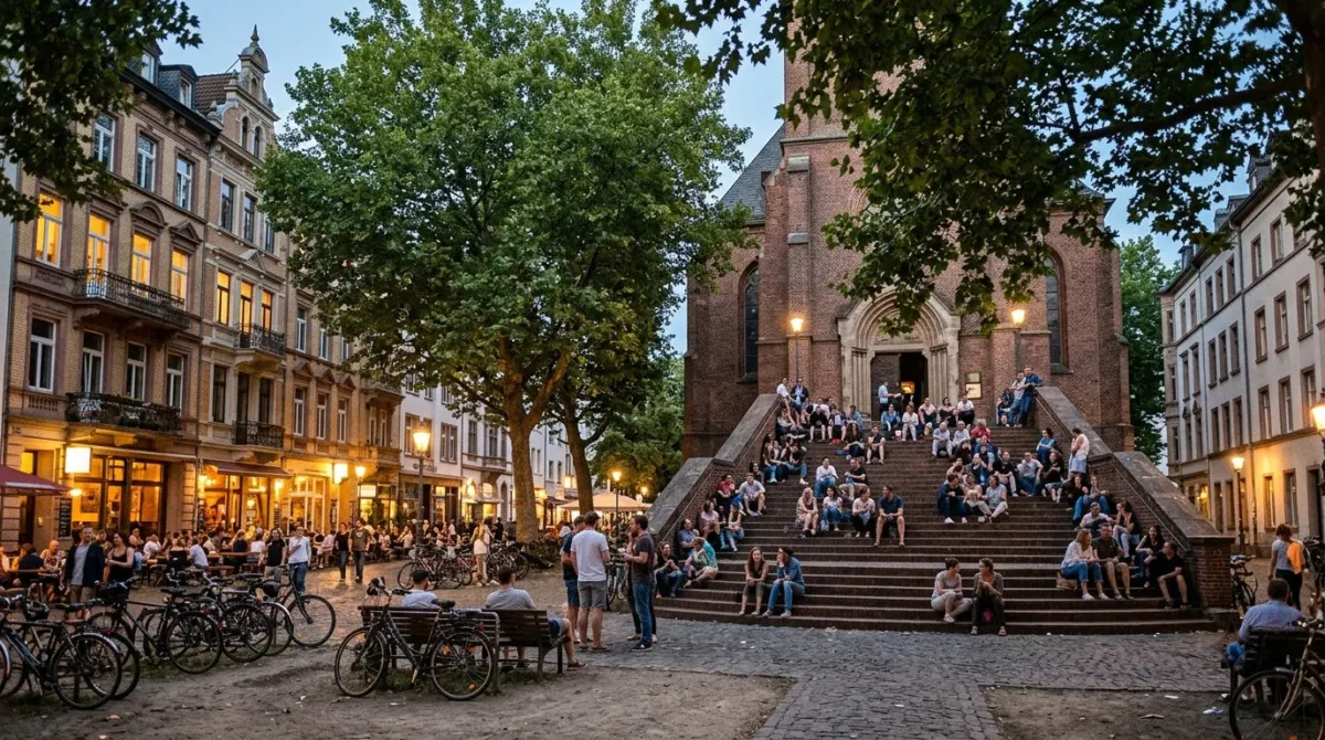A small leafy square ringed by tall townhouses with people sitting on church steps in the evening, Brüsseler Platz, Cologne, Germany
