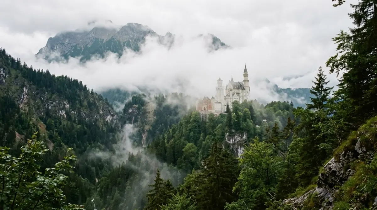 A white turreted castle half hidden in low cloud above wet forested slopes, Neuschwanstein, Germany