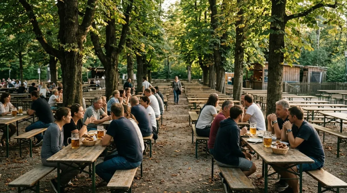 Rows of shared wooden benches under chestnut trees in a beer garden in late afternoon, Munich, Germany