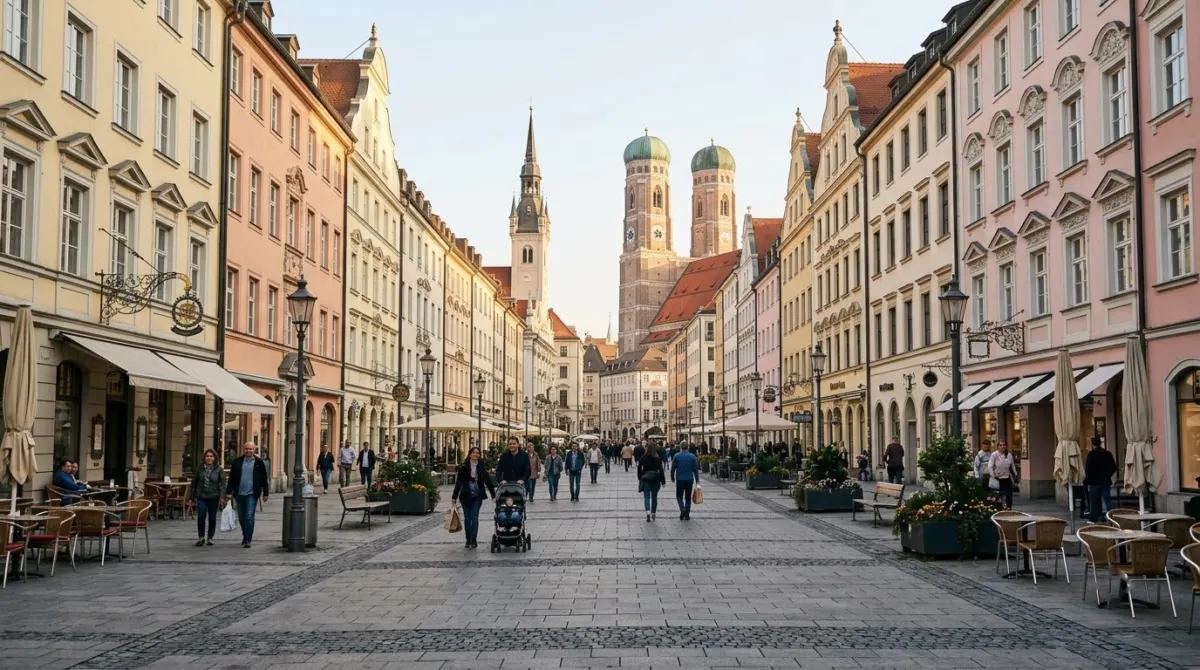 A broad pedestrian street of pastel facades and church towers in the old town on a bright morning, Altstadt, Munich, Germany