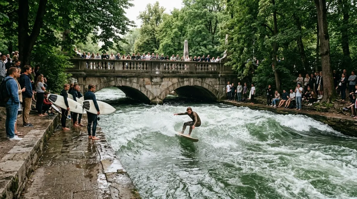 A surfer riding a standing river wave between stone banks with onlookers on a bridge, Englischer Garten, Munich, Germany