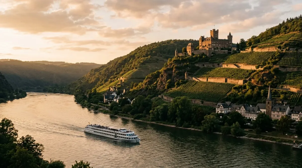 A white river boat passing a hilltop castle and terraced vineyards in evening light, Rhine, Germany