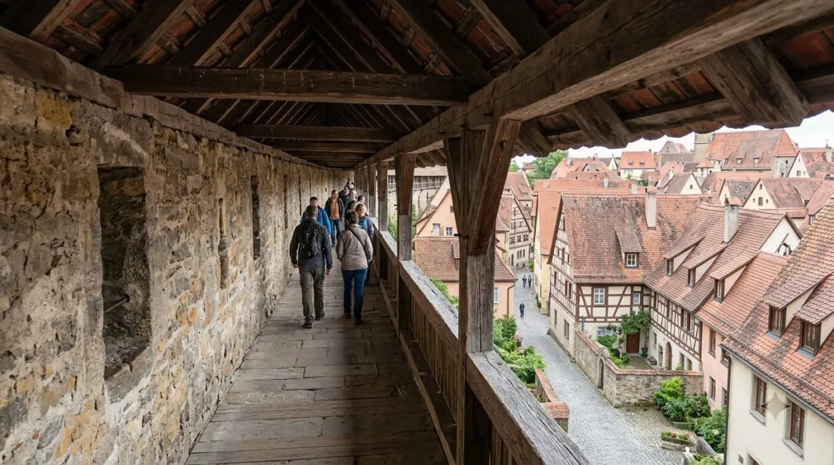A covered walkway along medieval town walls above red-tiled roofs and half-timbered houses, Rothenburg, Germany