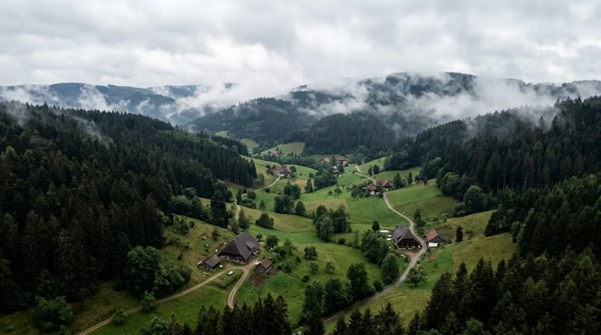 Dark fir-covered hills and a green valley with scattered farmhouses under drifting cloud, Black Forest, Germany