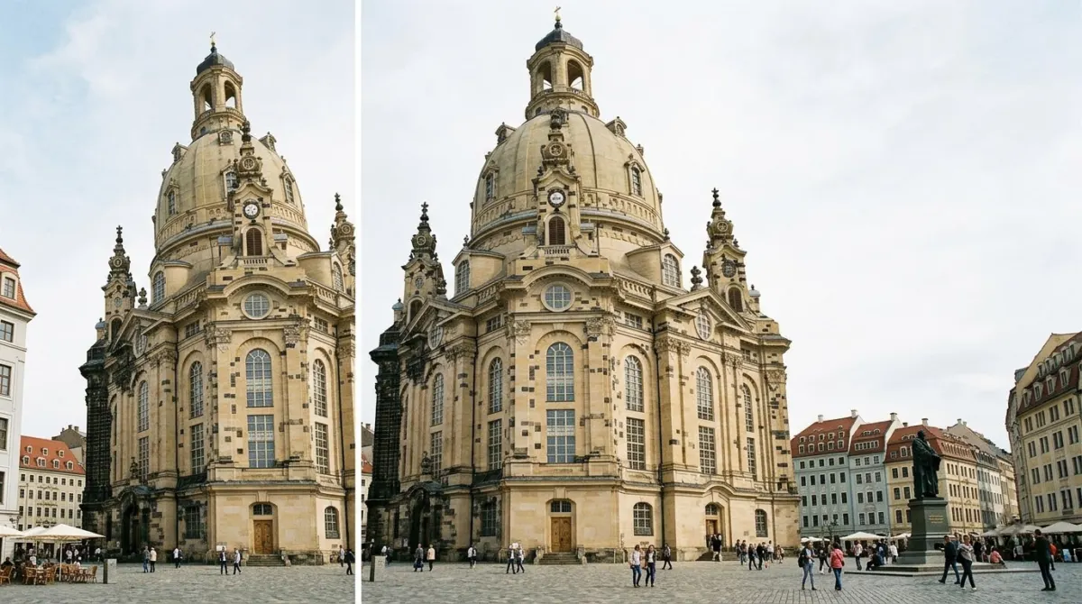 A pale sandstone baroque church dome with patches of blackened original stones in its facade, Frauenkirche, Dresden, Germany