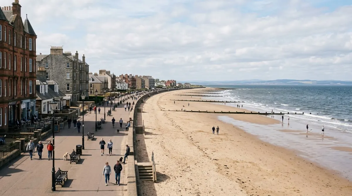 A long sandy beach with a promenade and small figures walking by the sea on a bright day, Portobello, Edinburgh, Scotland