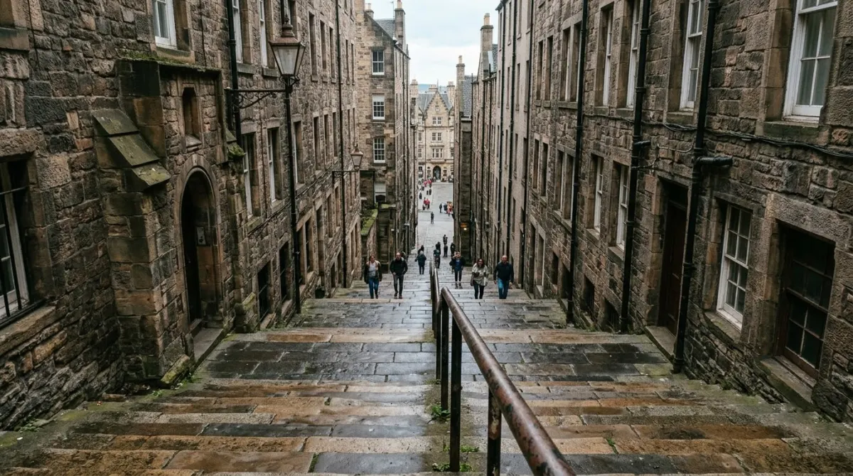 A steep narrow close with long flights of stone stairs dropping between tall old buildings, Old Town, Edinburgh, Scotland
