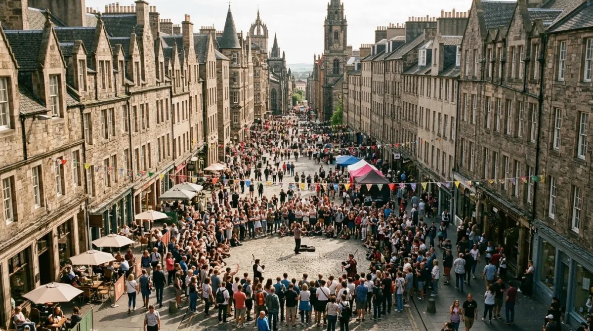 A crowded old town street seen from above with performers and festival-goers on a summer afternoon, Old Town, Edinburgh, Scotland