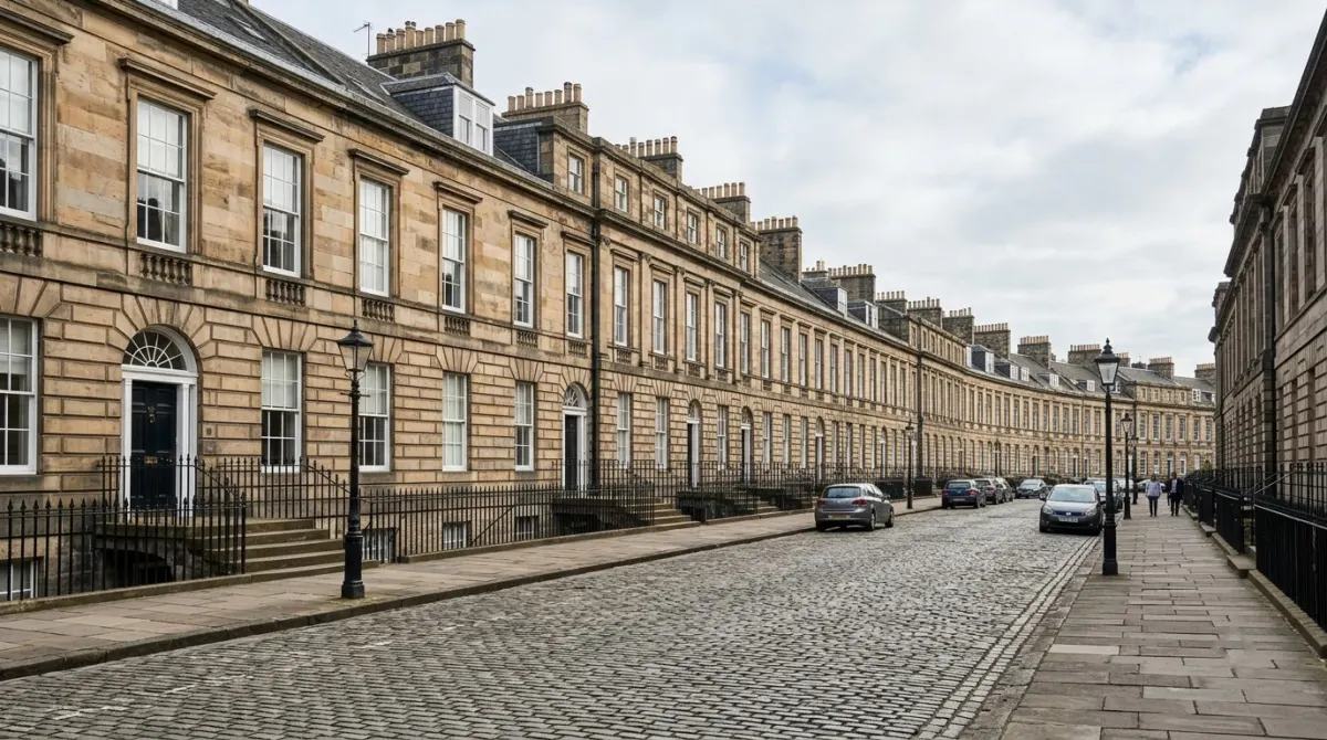 A wide cobbled street of uniform Georgian stone terraces with tall sash windows and black railings, New Town, Edinburgh, Scotland