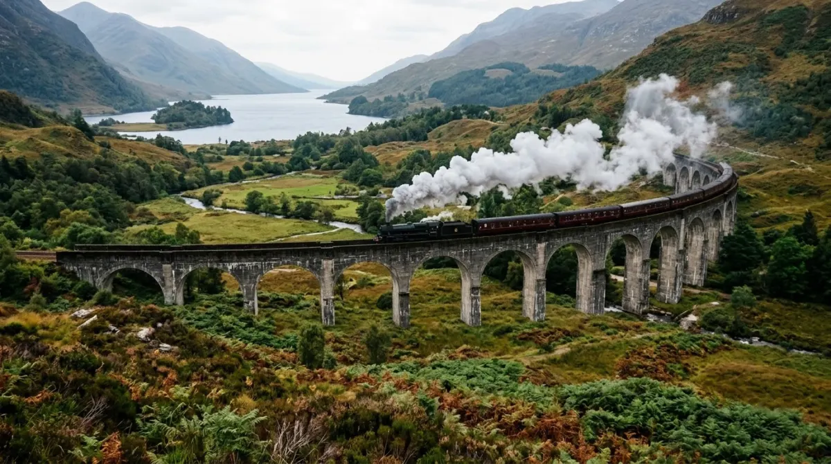 A steam train crossing a tall curved stone viaduct above a green glen and loch, Glenfinnan, Scotland