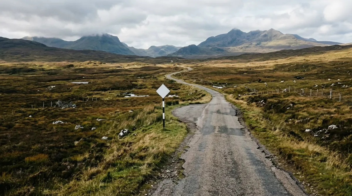 A single-track road with a passing place winding across open moorland toward distant hills, Skye, Scotland