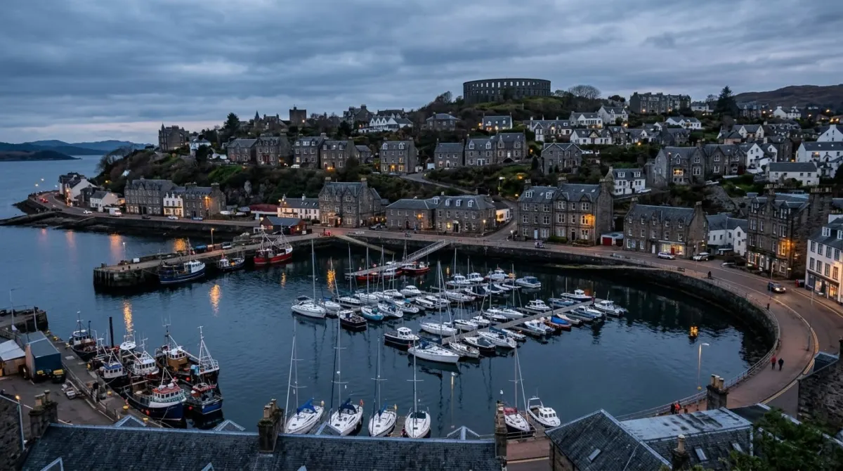 Small boats in a curved harbour below a hillside town of grey stone houses in the evening, Oban, Scotland