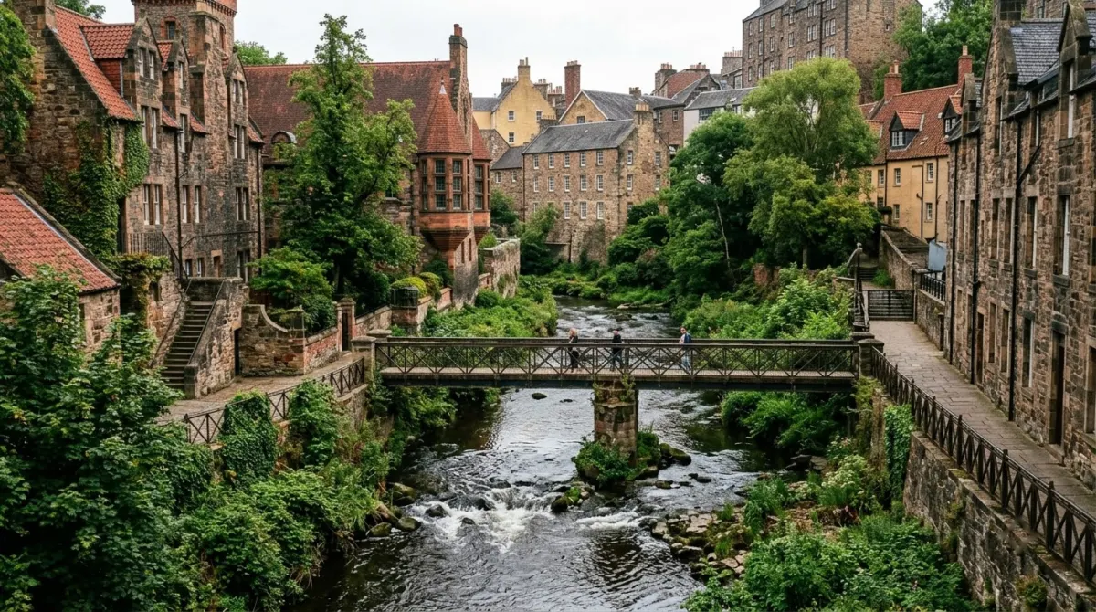 Old stone mill buildings with red roofs beside a small river crossed by a footbridge, Dean Village, Edinburgh, Scotland
