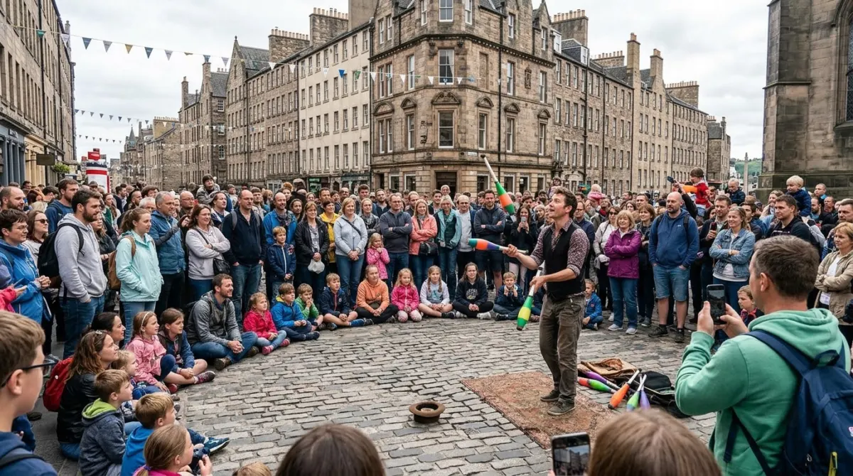 Crowds gathered in a circle around a juggler on a cobbled street during the summer festival, Edinburgh, Scotland