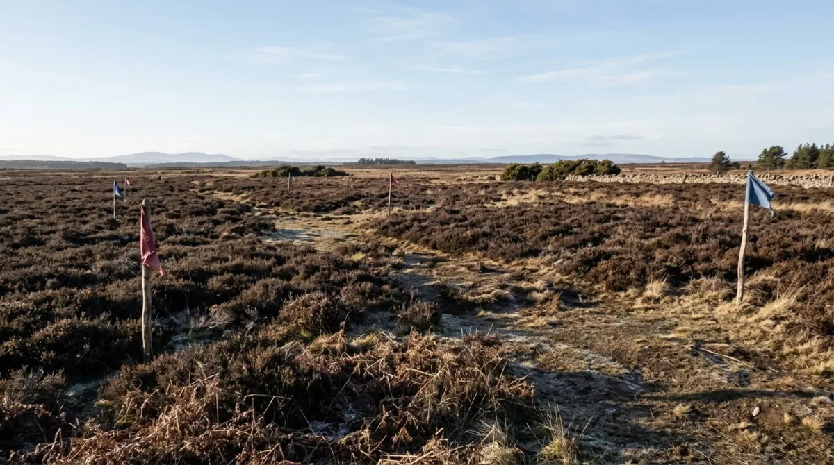 A flat open moor with low heather and scattered flags under clear low winter light, Culloden, Scotland
