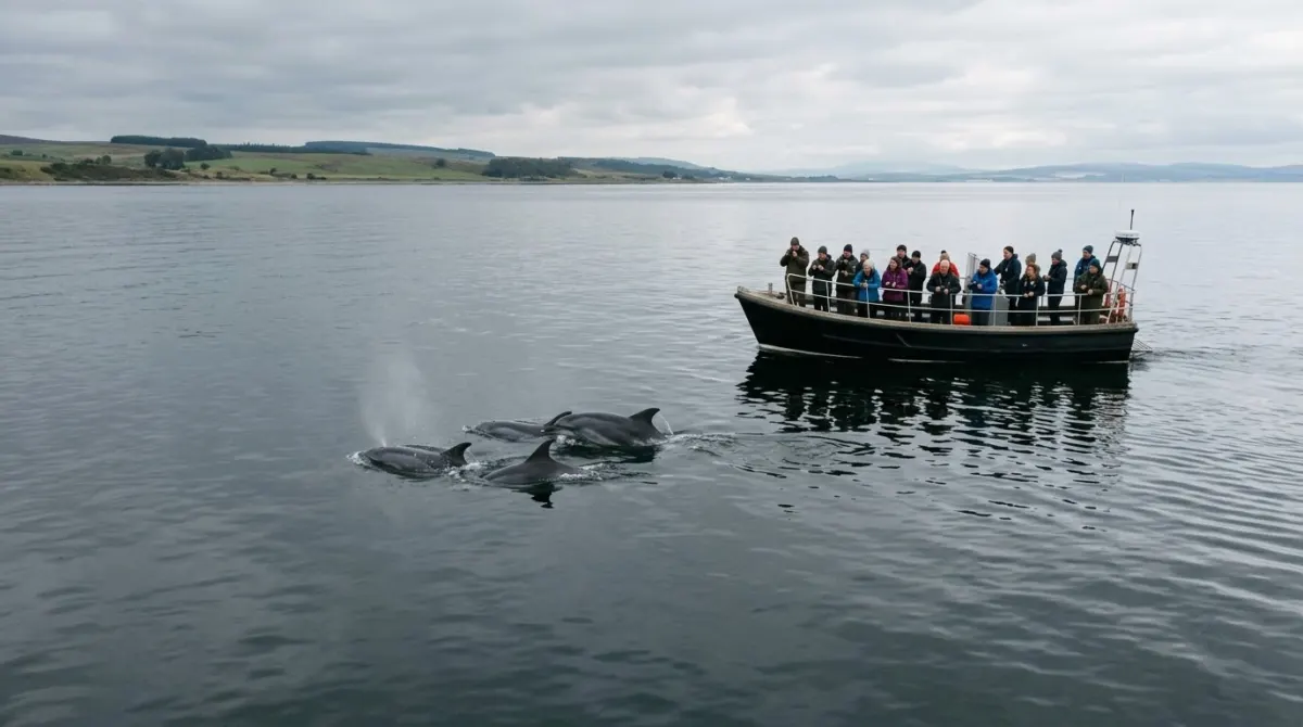 Dolphins surfacing near a small tour boat on calm grey water with a low shoreline behind, Moray Firth, Scotland