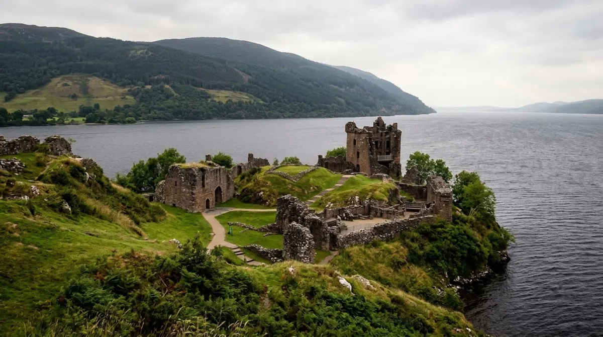 A ruined castle tower on a grassy headland above a long dark loch with hills beyond, Urquhart Castle, Loch Ness, Scotland