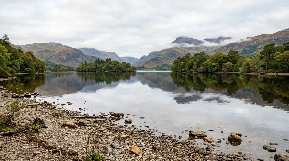 A pebbly loch shore with wooded islands and mountains reflected in still water, Loch Lomond, Scotland