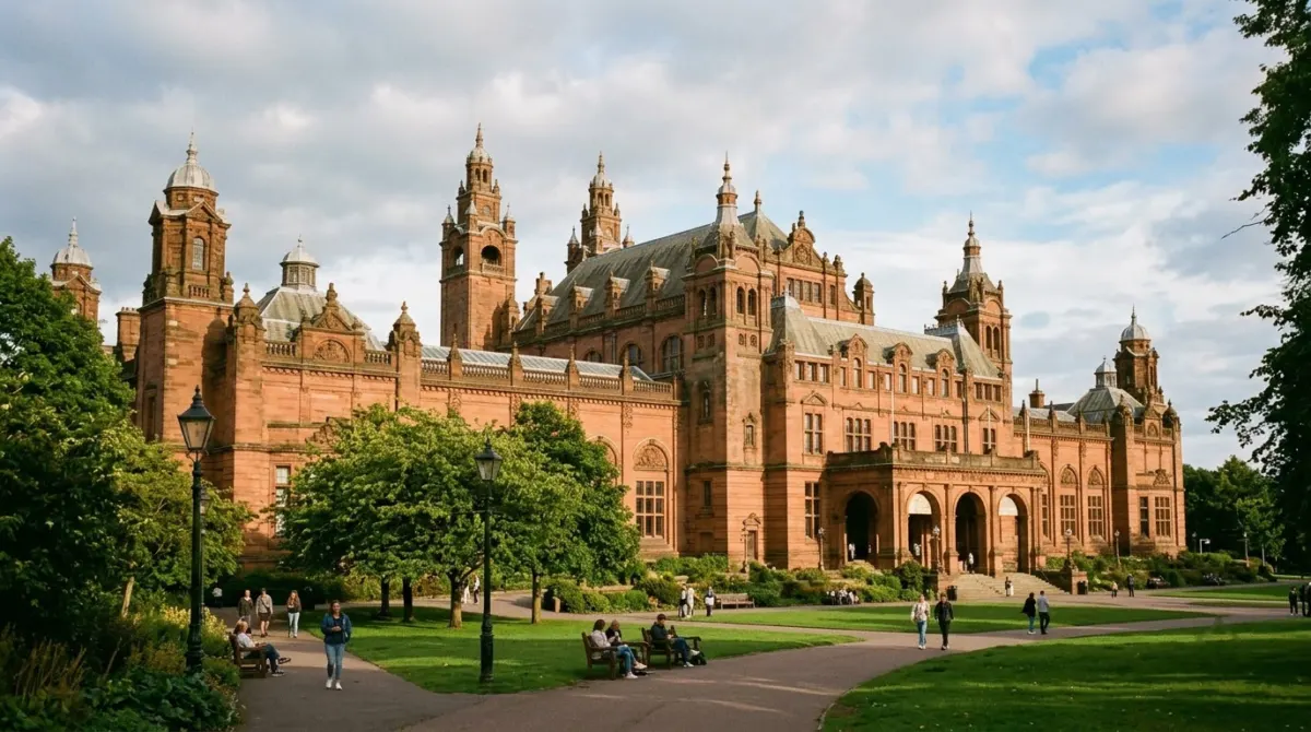 A grand red sandstone museum with towers and turrets beside a park in afternoon light, Kelvingrove, Glasgow, Scotland