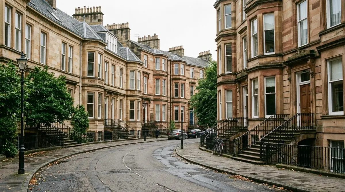 A curved Victorian sandstone terrace with bay windows and front steps on a quiet street, West End, Glasgow, Scotland