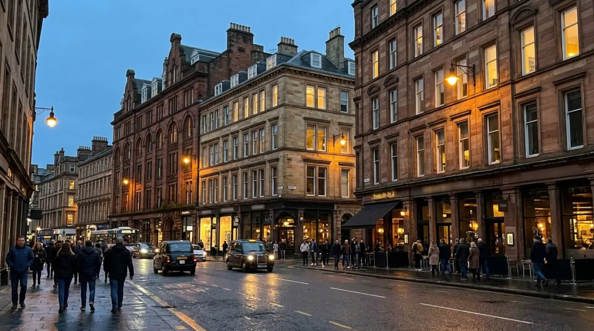 Converted sandstone warehouse buildings along a busy evening street with lit windows, Merchant City, Glasgow, Scotland