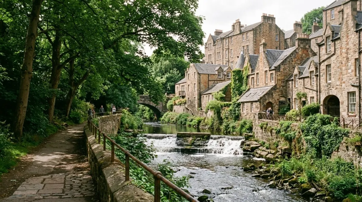 A riverside walkway under tall trees beside a small weir and old stone buildings, Dean Village, Edinburgh, Scotland