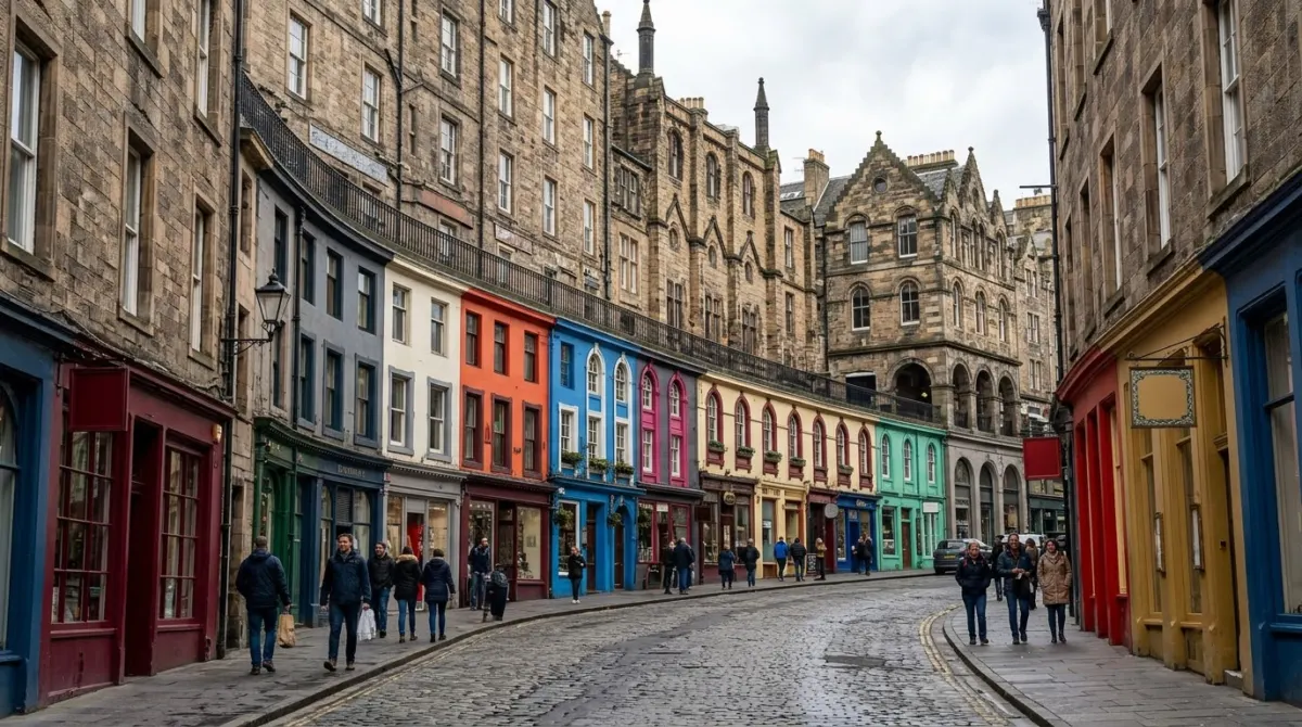 A curving cobbled street of brightly painted shopfronts climbing between tall old buildings, Victoria Street, Edinburgh, Scotland