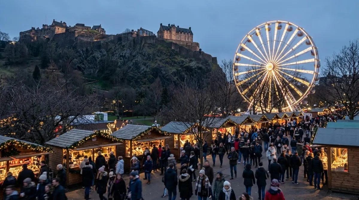 Wooden market stalls and a lit big wheel in a winter garden below a castle on a rock, Princes Street Gardens, Edinburgh, Scotland