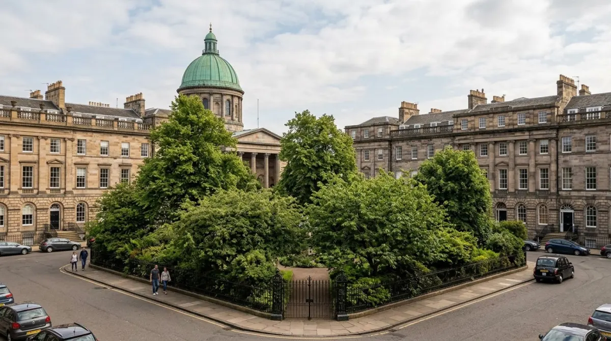 A garden square framed by grand Georgian stone facades with a green dome behind, Charlotte Square, Edinburgh, Scotland