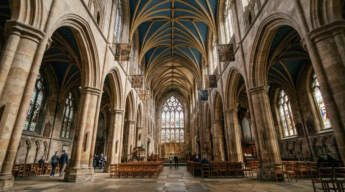A tall stone cathedral interior with stained-glass windows and a vaulted blue ceiling, St Giles' Cathedral, Edinburgh, Scotland