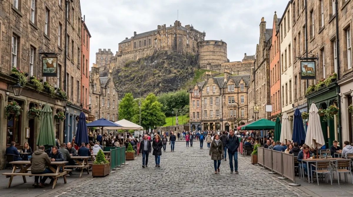 A wide cobbled market square lined with old pubs and outdoor tables below the castle rock, Grassmarket, Edinburgh, Scotland