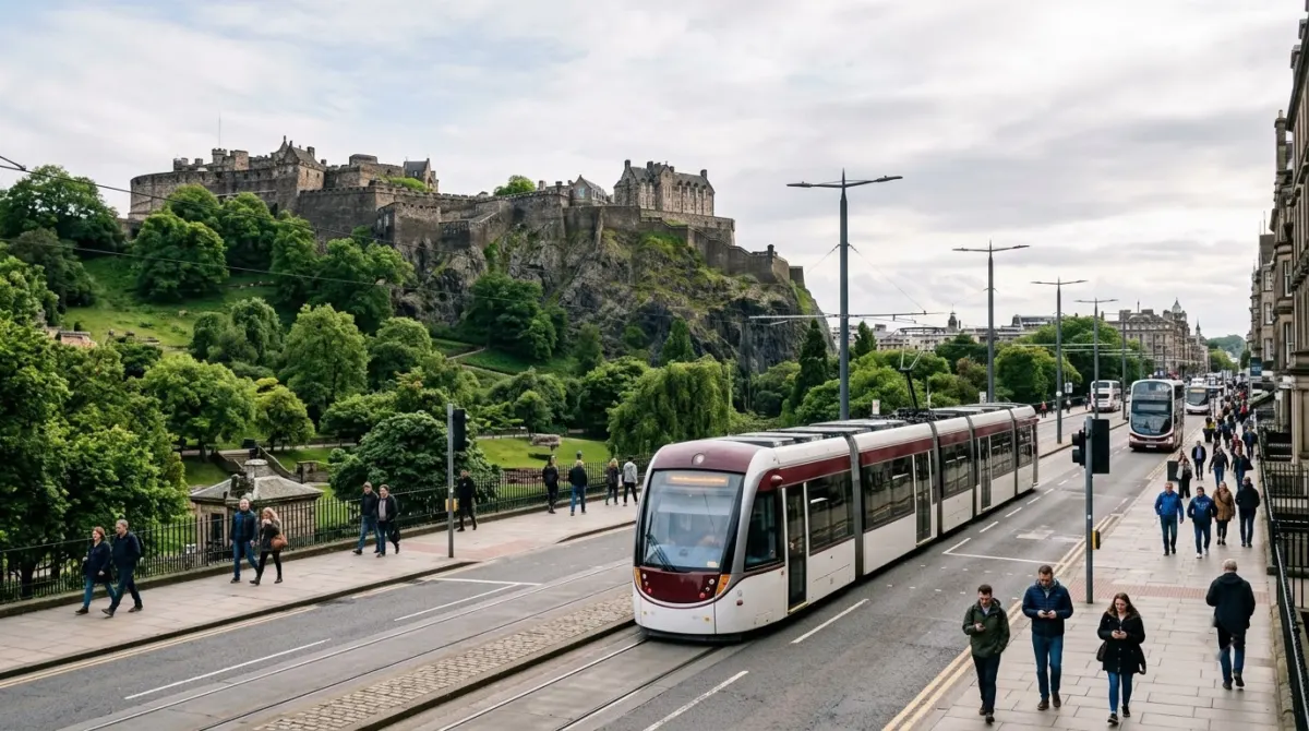 A modern tram gliding along a wide street with a castle on its rock across the gardens, Princes Street, Edinburgh, Scotland
