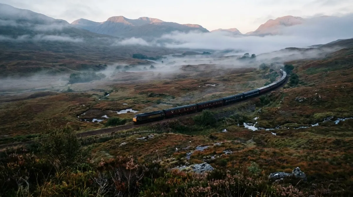 A long passenger train running through misty Highland moorland in soft dawn light, Fort William, Scotland