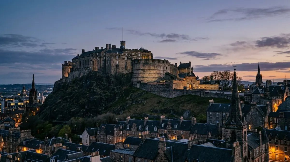 A grey stone castle on a rocky crag above the city rooftops at dusk, Edinburgh Castle, Edinburgh, Scotland