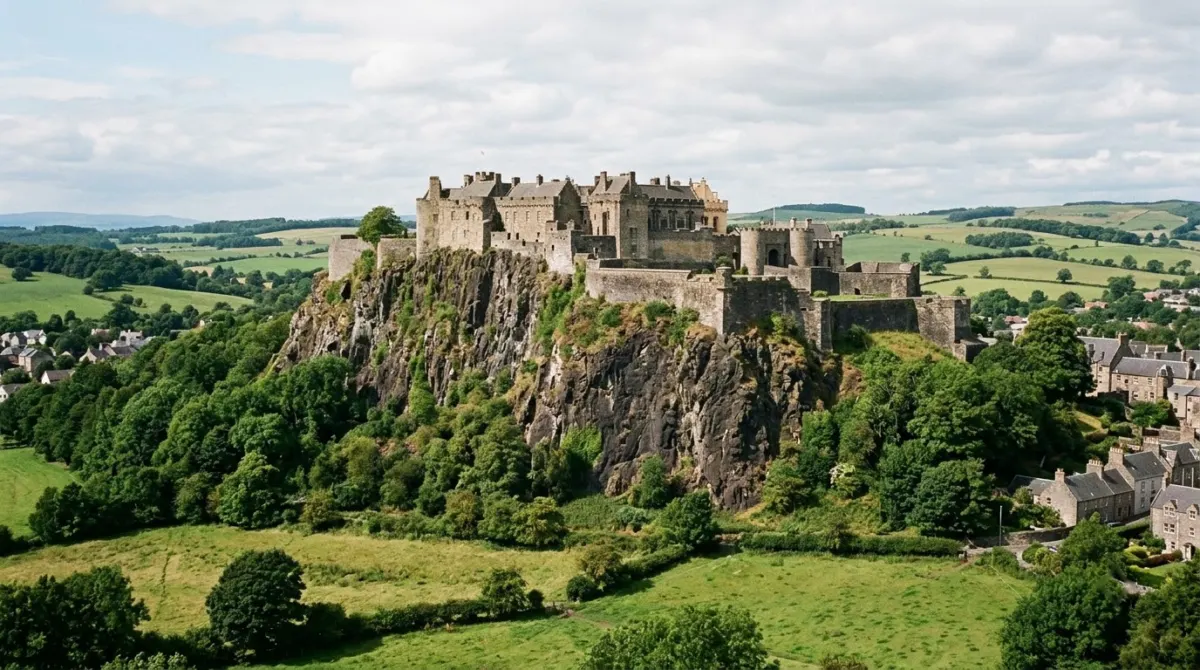 A grey stone castle on a high rocky crag above green fields and woodland, Stirling Castle, Stirling, Scotland