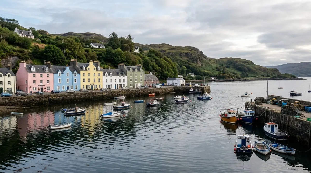 Brightly painted houses lining a small harbour with fishing boats on calm water, Portree, Skye, Scotland