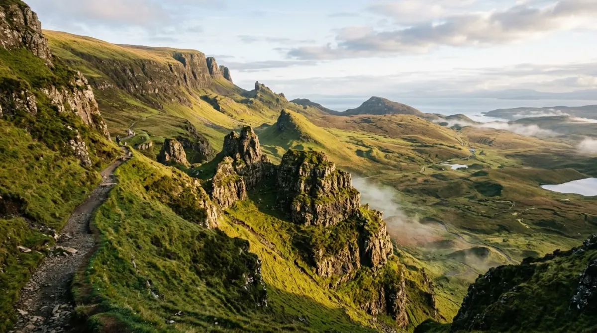 Jagged green pinnacles and a ridge path lit by early morning sun above a valley, Quiraing, Skye, Scotland