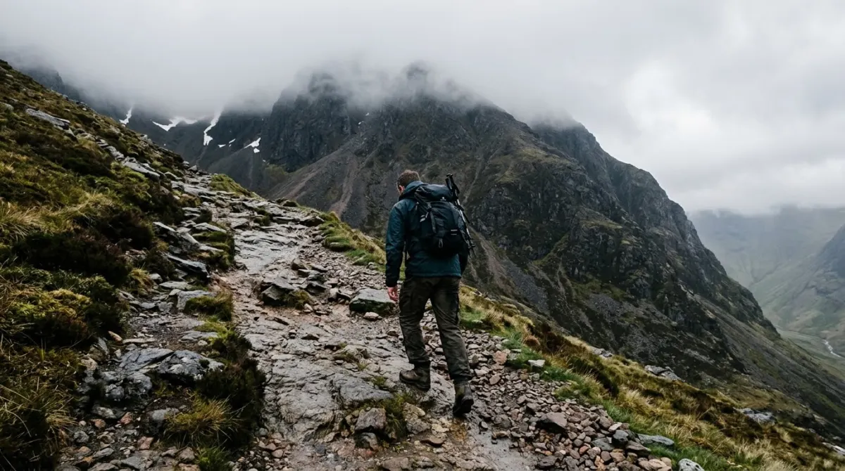 A walker seen from behind on a rocky path climbing towards a cloud-capped mountain summit, Ben Nevis, Scotland