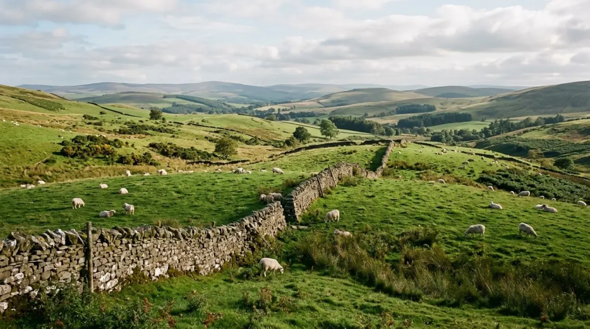 Rolling green hills and dry stone walls with sheep grazing in soft afternoon light, Borders, Scotland