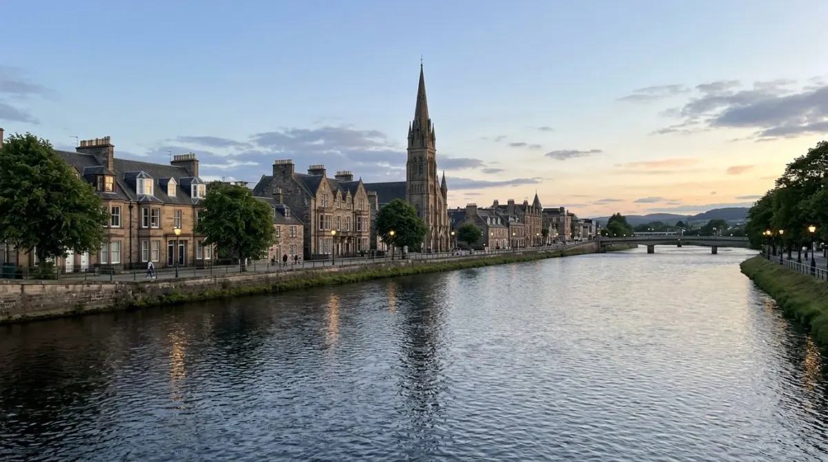 A church spire and stone townhouses along a wide river in calm evening light, Inverness, Scotland