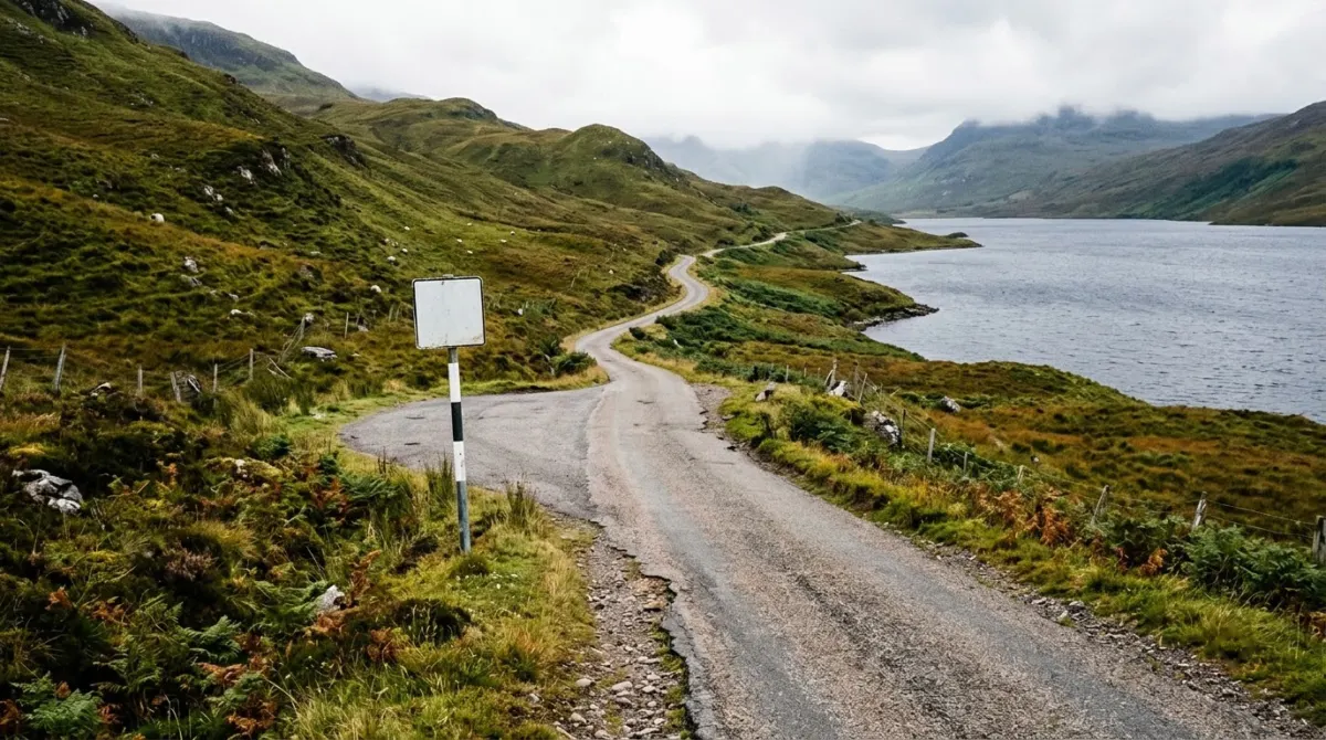 A narrow single-track road with a passing place winding between green hills and a loch, Skye, Scotland