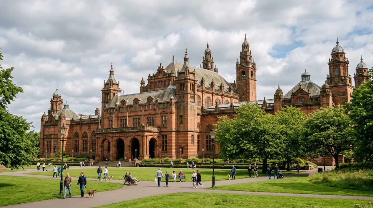 A grand red sandstone museum building with towers set in a leafy park, Kelvingrove, Glasgow, Scotland