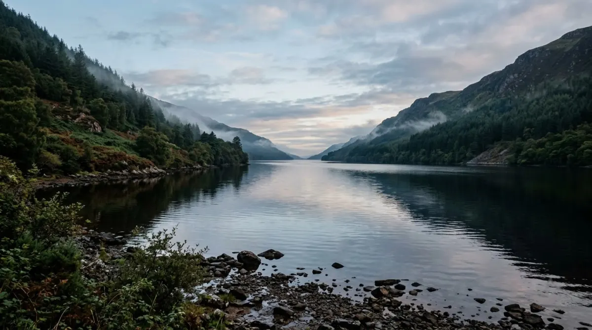 Calm dark water of a long loch between steep wooded hills at dawn, Loch Ness, Inverness, Scotland