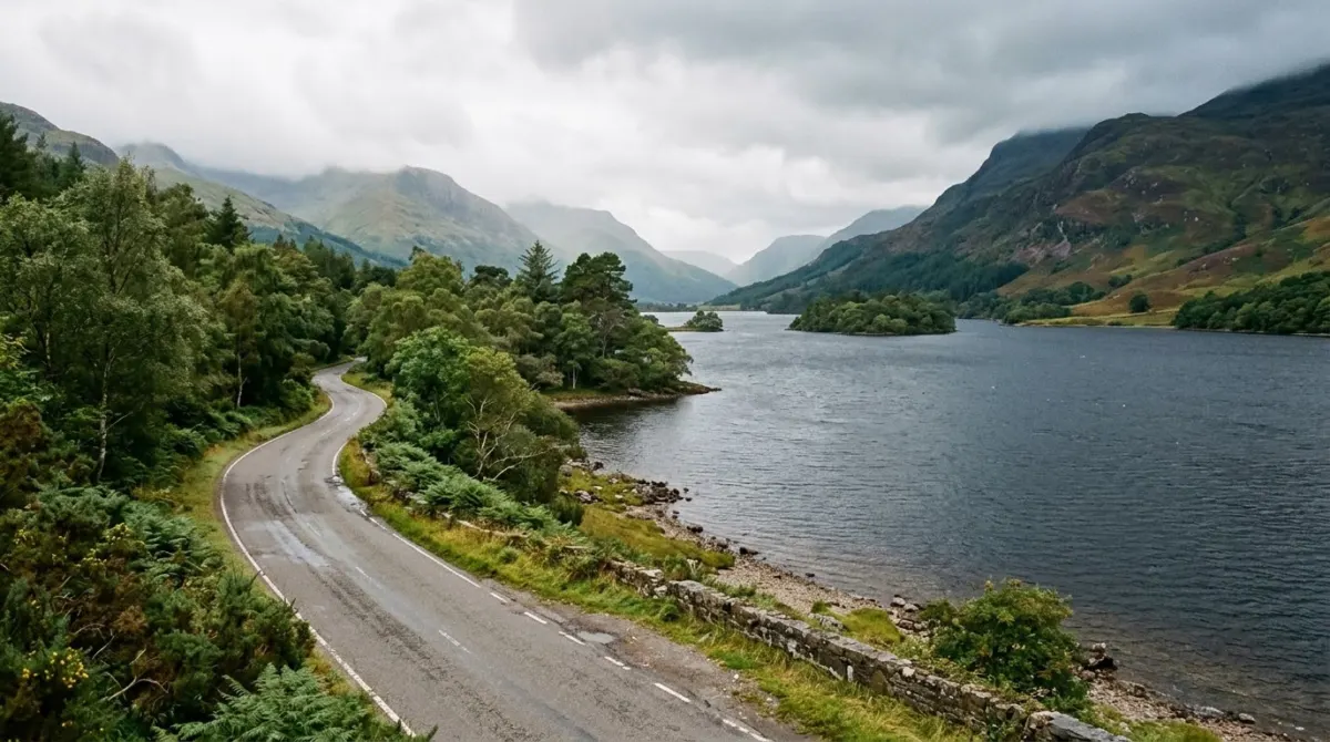 A winding lakeside road beside a long loch fringed with woods and hills, Loch Lomond, Scotland