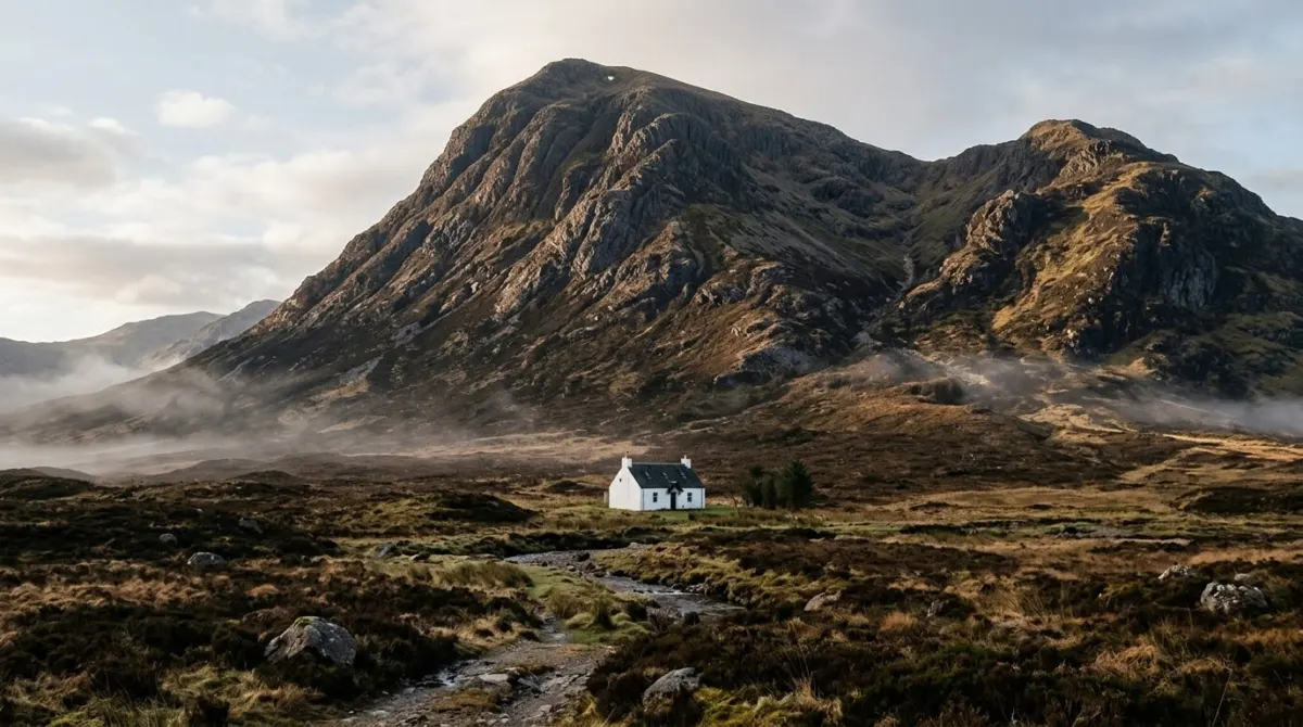 A small white cottage below a steep pyramid-shaped mountain in early morning side light, Lagangarbh, Glencoe, Scotland
